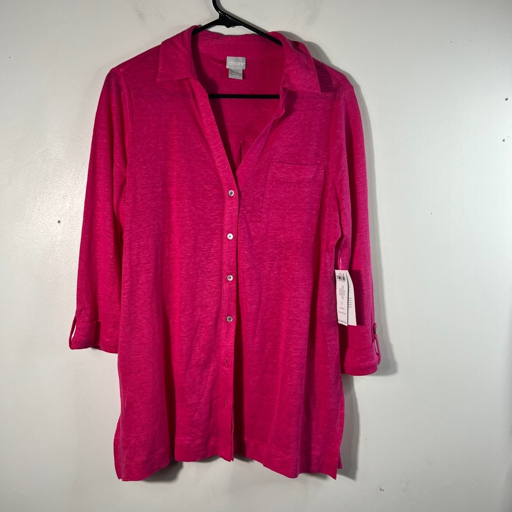 Womens Chicos Linen Button Knit Tunic Shirt Haute Pink M NWT